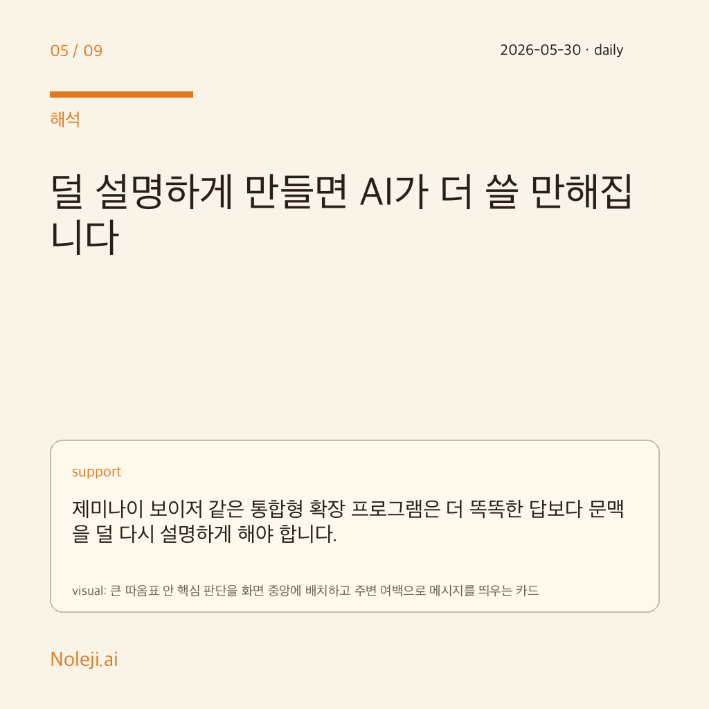 카드 5 (해석): 덜 설명하게 만들면 AI가 더 쓸 만해집니다 — 제미나이 보이저 같은 통합형 확장 프로그램은 더 똑똑한 답보다 문맥을 덜 다시 설명하게 해야 합니다.