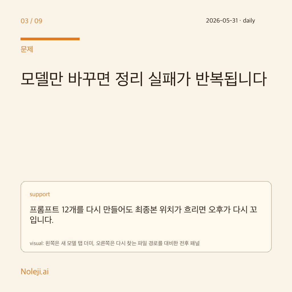 카드 3 (problem): 모델만 바꾸면 정리 실패가 반복됩니다 — 지시문 12개를 다시 만들어도 최종본 위치가 흐리면 오후가 다시 꼬입니다.