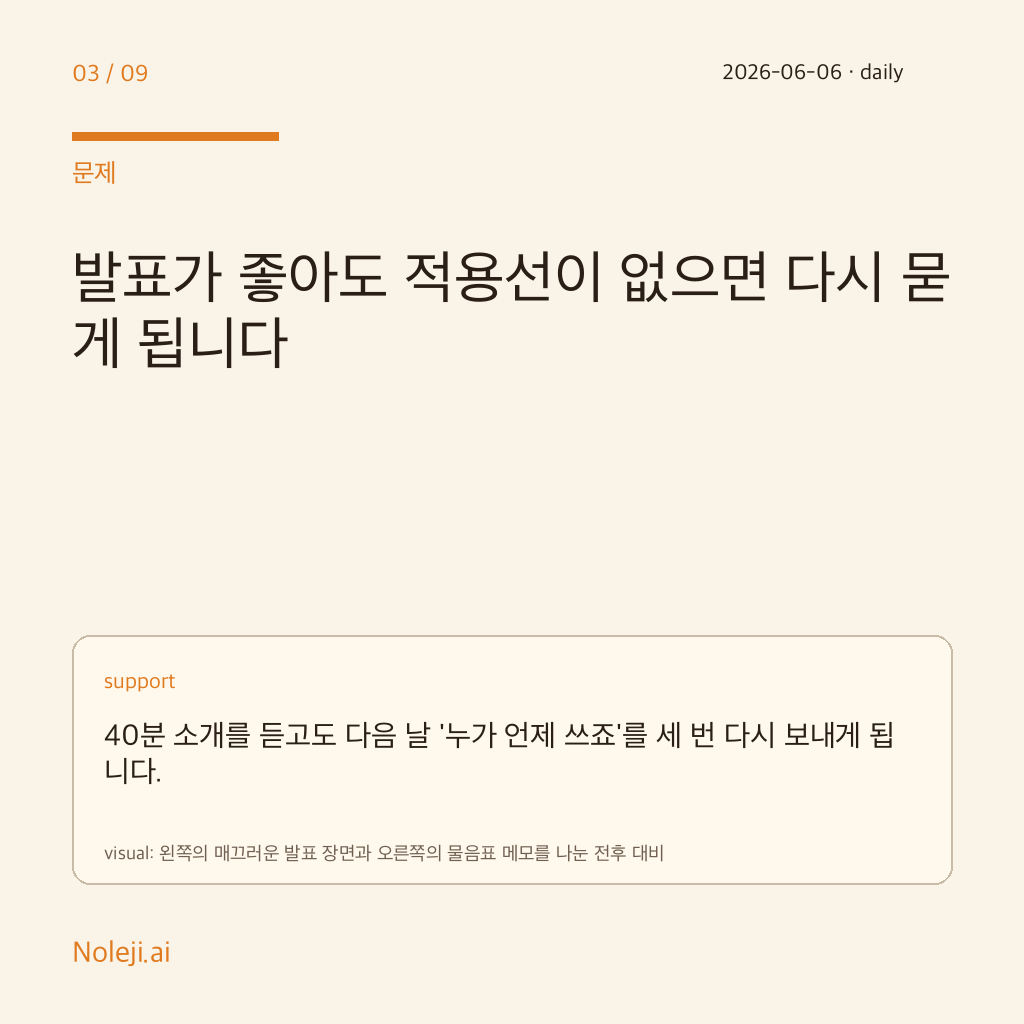 카드 3 (problem): 발표가 좋아도 적용선이 없으면 다시 묻게 됩니다 — 40분 소개를 듣고도 다음 날 '누가 언제 쓰죠'를 세 번 다시 보내게 됩니다.
