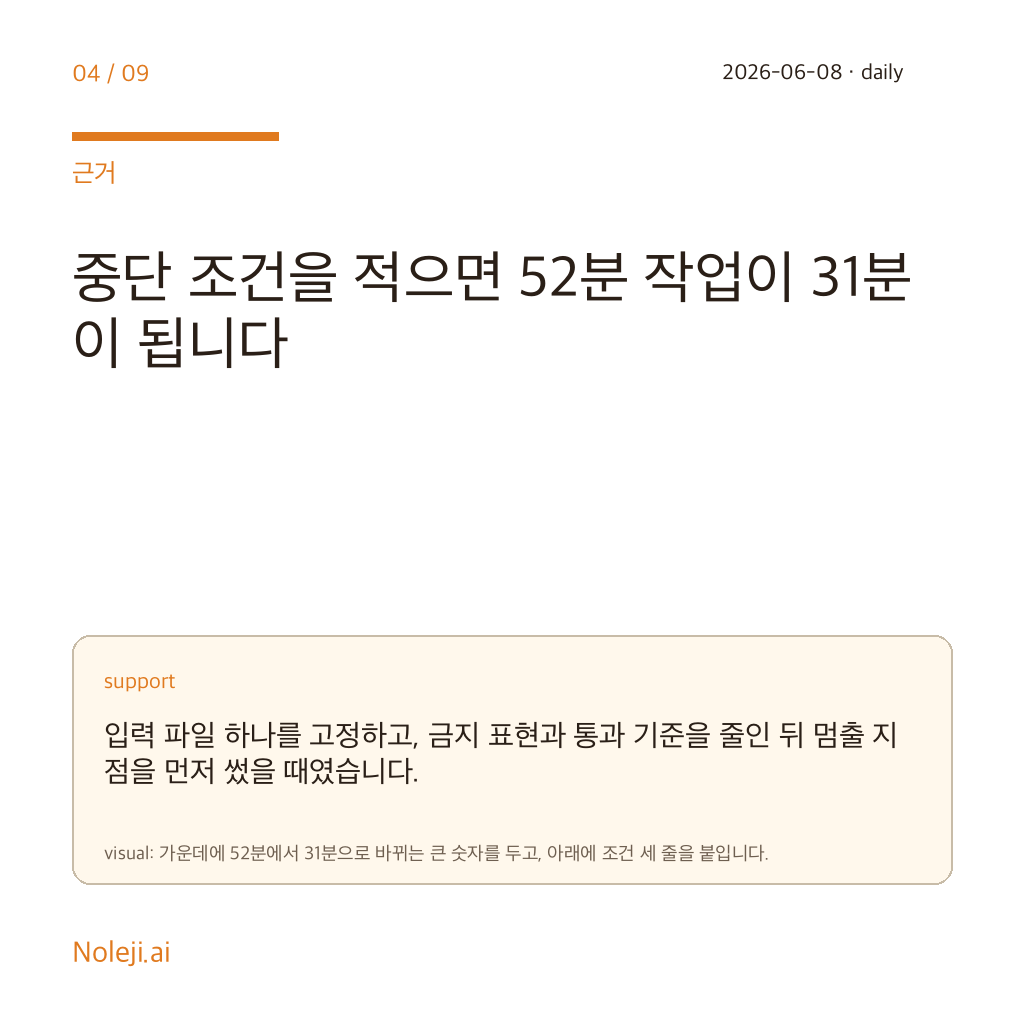 카드 4 (evidence): 중단 조건을 적으면 52분 작업이 31분이 됩니다 — 입력 파일 하나를 고정하고, 금지 표현과 통과 기준을 줄인 뒤 멈출 지점을 먼저 썼을 때였습니다.