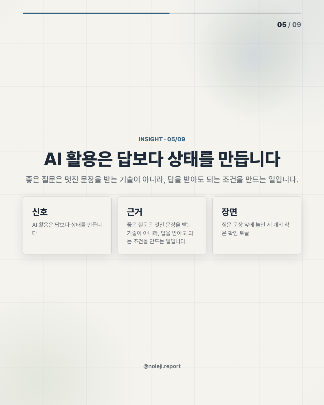 카드 5 (해석): AI 활용은 답보다 상태를 만듭니다 — 좋은 질문은 멋진 문장을 받는 기술이 아니라, 답을 받아도 되는 조건을 만드는 일입니다.