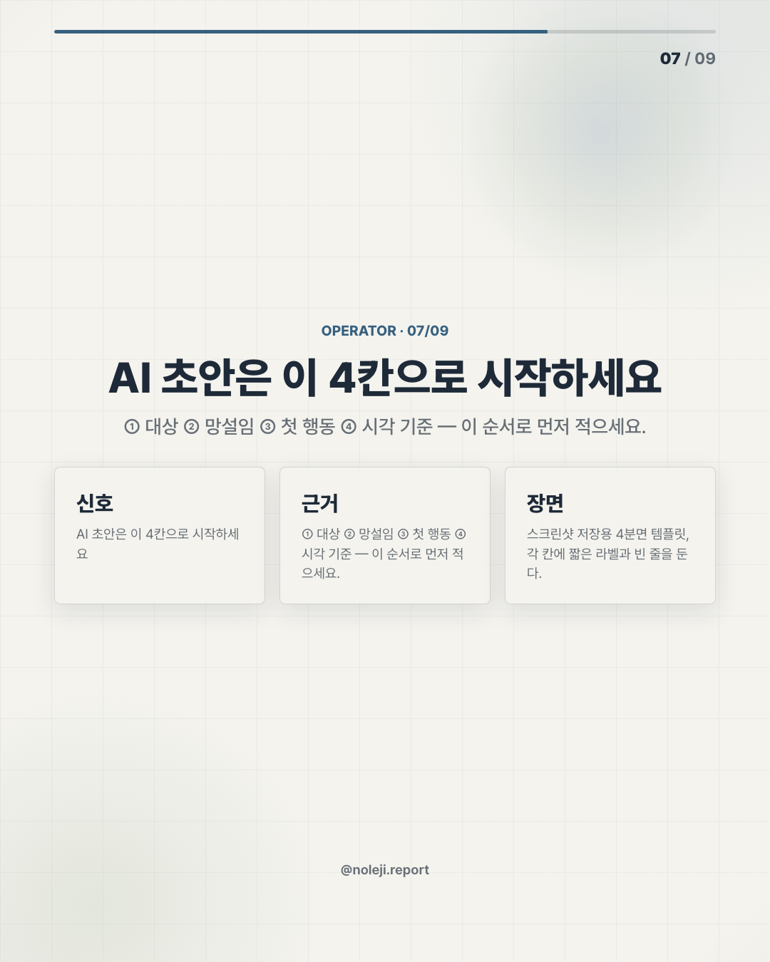 카드 7 (실행 메모): AI 초안은 이 4칸으로 시작하세요 — ① 대상 ② 망설임 ③ 첫 행동 ④ 시각 기준 — 이 순서로 먼저 적으세요.