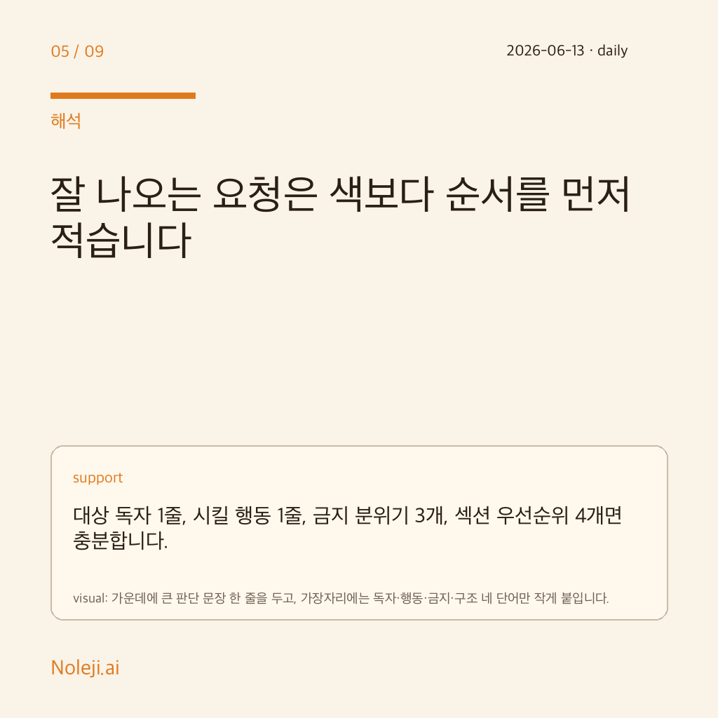 카드 5 (해석): 잘 나오는 요청은 색보다 순서를 먼저 적습니다 — 대상 독자 1줄, 시킬 행동 1줄, 금지 분위기 3개, 섹션 우선순위 4개면 충분합니다.