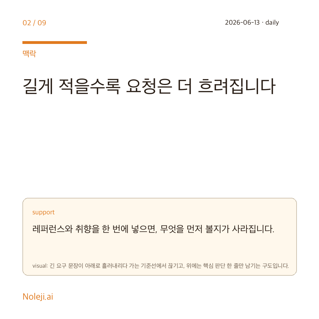 카드 2 (맥락): 길게 적을수록 요청은 더 흐려집니다 — 레퍼런스와 취향을 한 번에 넣으면, 무엇을 먼저 볼지가 사라집니다.