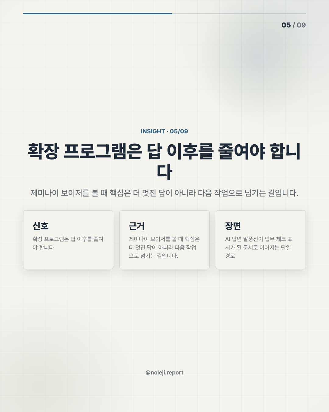 카드 5 (해석): 확장 프로그램은 답 이후를 줄여야 합니다 — 제미나이 보이저를 볼 때 핵심은 더 멋진 답이 아니라 다음 작업으로 넘기는 길입니다.