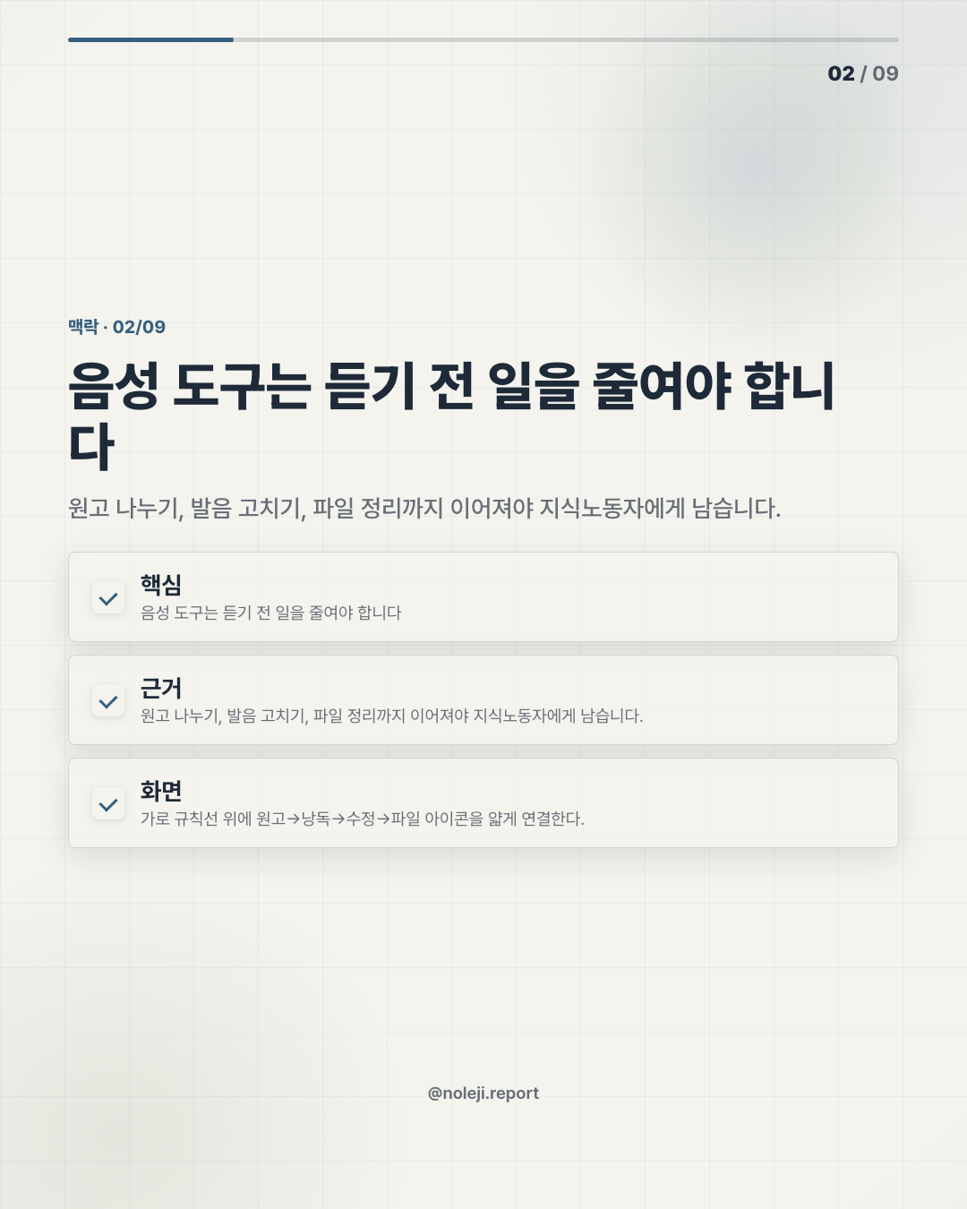 카드 2 (맥락): 음성 도구는 듣기 전 일을 줄여야 합니다 — 원고 나누기, 발음 고치기, 파일 정리까지 이어져야 지식노동자에게 남습니다.