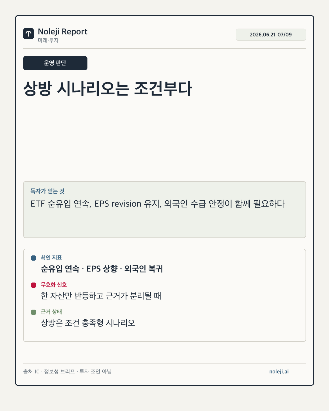 카드 7 (실행 메모): 상방 시나리오는 조건부다 — ETF 순유입 연속, EPS revision 유지, 외국인 수급 안정이 함께 필요하다