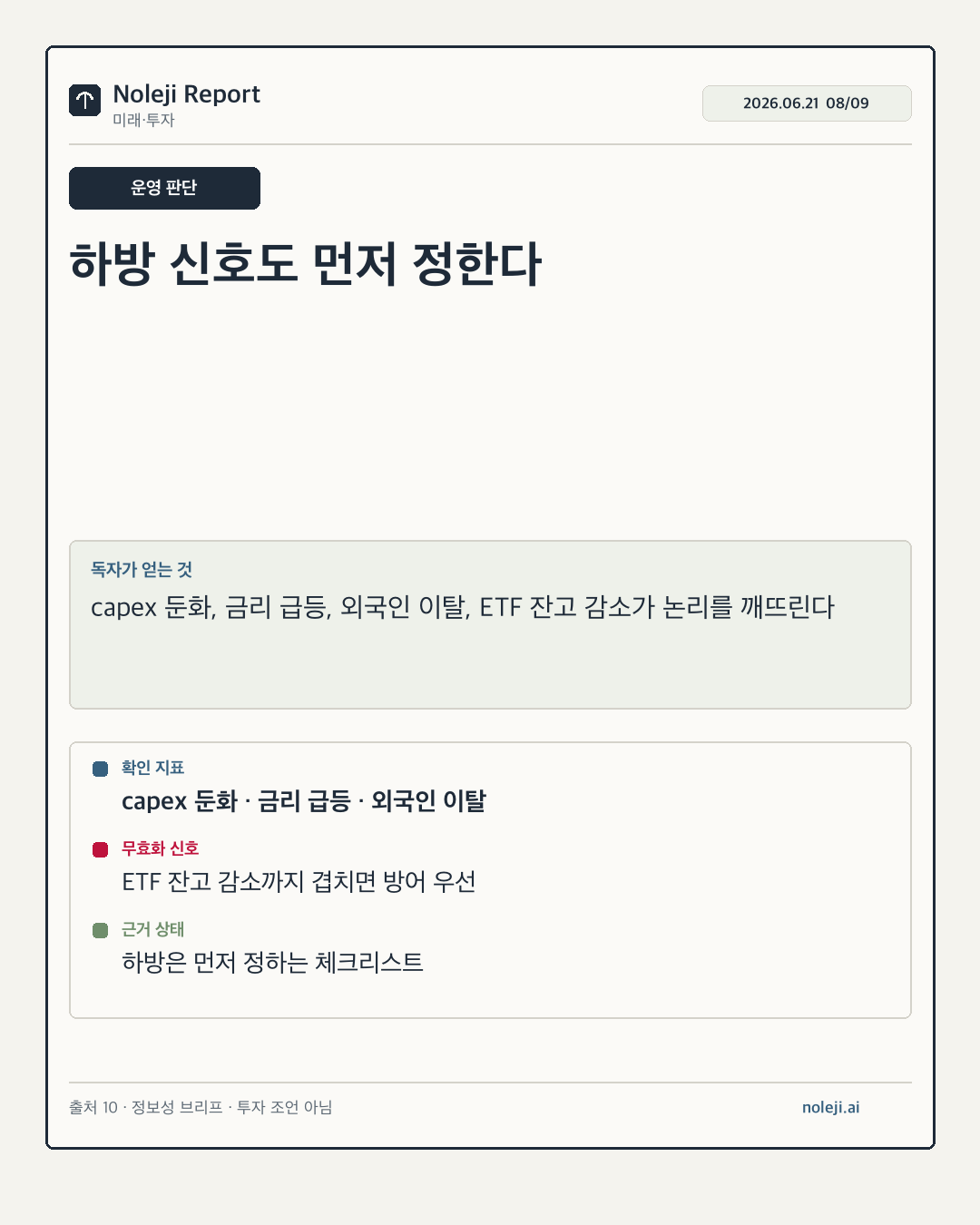 카드 8 (실행 메모): 하방 신호도 먼저 정한다 — capex 둔화, 금리 급등, 외국인 이탈, ETF 잔고 감소가 논리를 깨뜨린다