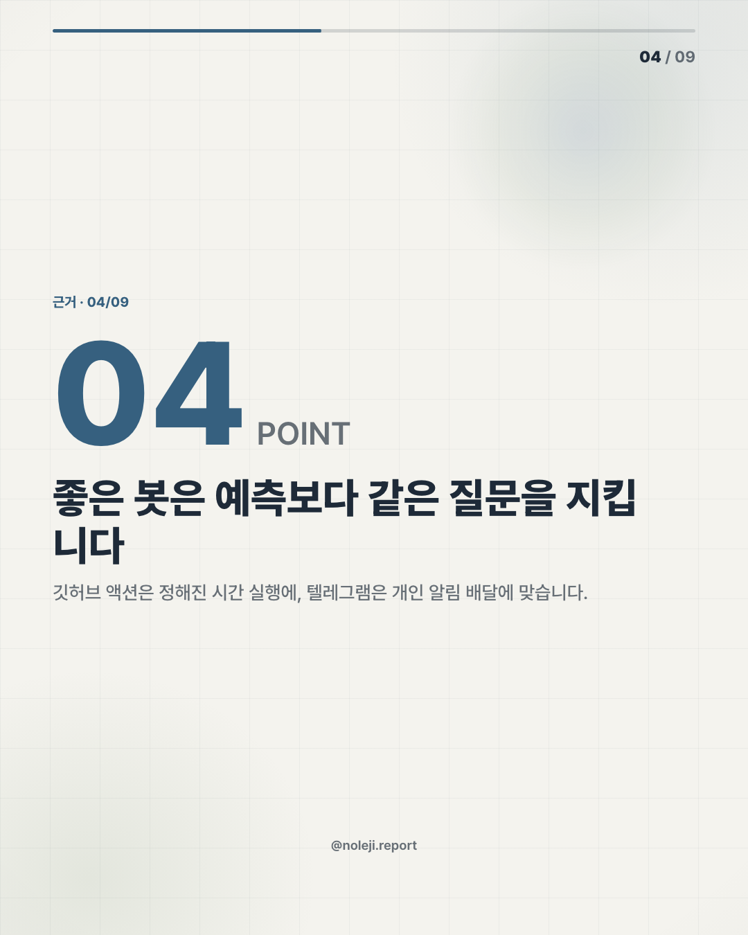 카드 4 (evidence): 좋은 봇은 예측보다 같은 질문을 지킵니다 — 깃허브 액션은 정해진 시간 실행에, 텔레그램은 개인 알림 배달에 맞습니다.