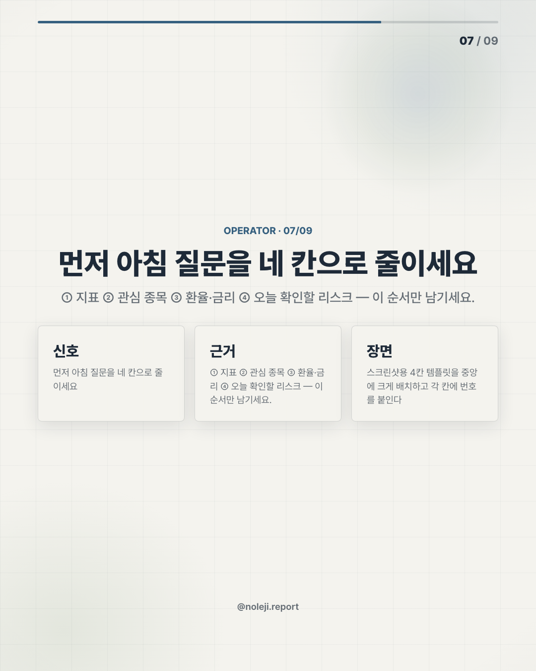 카드 7 (실행 메모): 먼저 아침 질문을 네 칸으로 줄이세요 — ① 지표 ② 관심 종목 ③ 환율·금리 ④ 오늘 확인할 리스크 — 이 순서만 남기세요.