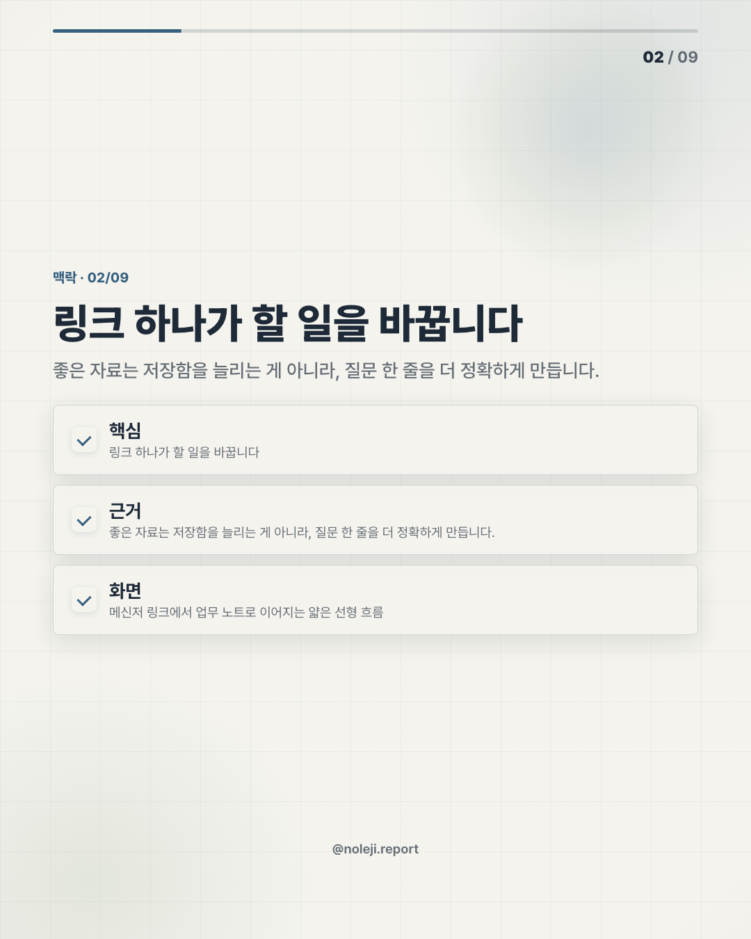 카드 2 (맥락): 새 도구보다 먼저 일이 흐릿해집니다 — 요즘 막히는 지점은 버튼이 아니라 '무엇을 시킬지'를 못 자르는 순간입니다.