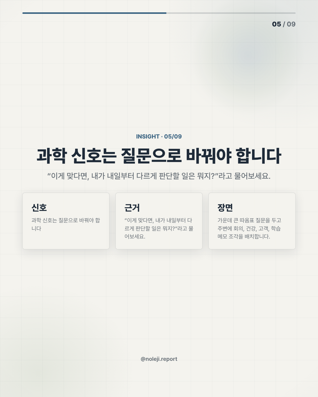 카드 5 (해석): 과학 신호는 질문으로 바꿔야 합니다 — “이게 맞다면, 내가 내일부터 다르게 판단할 일은 뭐지?”라고 물어보세요.