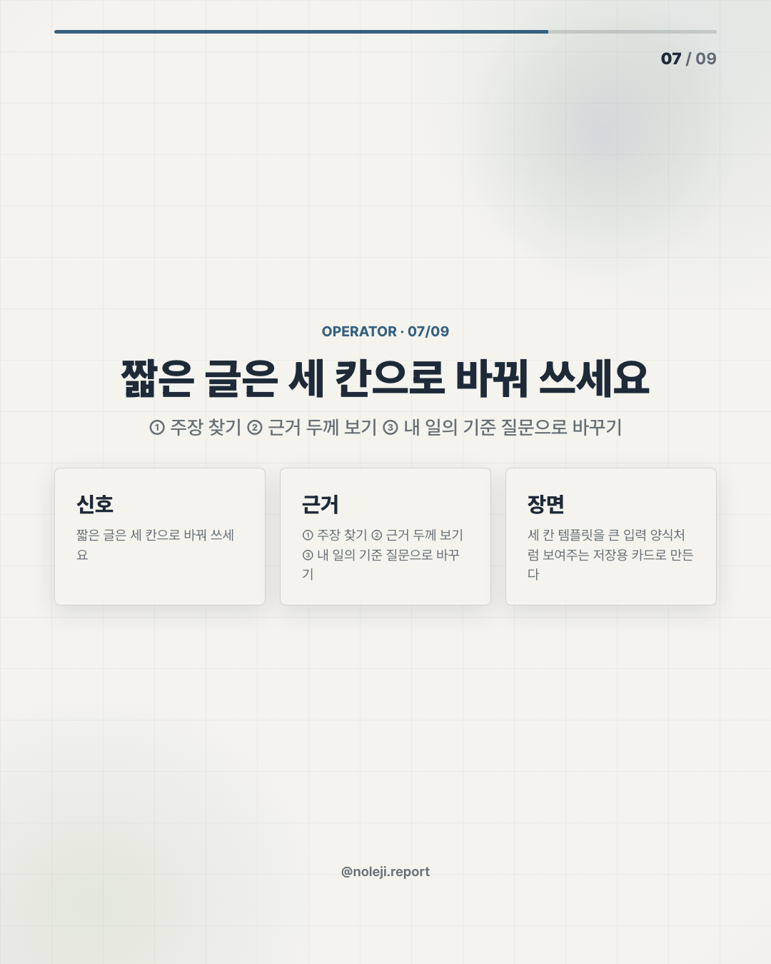 카드 7 (실행 메모): 짧은 글은 세 칸으로 바꿔 쓰세요 — ① 주장 찾기 ② 근거 두께 보기 ③ 내 일의 기준 질문으로 바꾸기