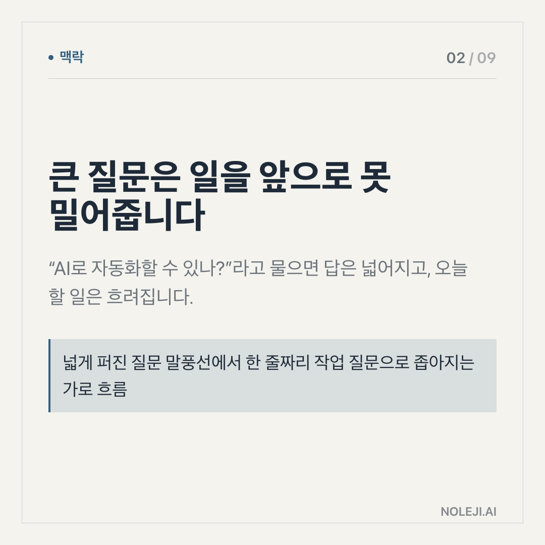 카드 2 (맥락): 큰 질문은 일을 앞으로 못 밀어줍니다 — “AI로 자동화할 수 있나?”라고 물으면 답은 넓어지고, 오늘 할 일은 흐려집니다.
