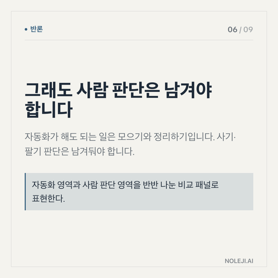 카드 6 (counterpoint): 그래도 사람 판단은 남겨야 합니다 — 자동화가 해도 되는 일은 모으기와 정리하기입니다. 사기·팔기 판단은 남겨둬야 합니다.