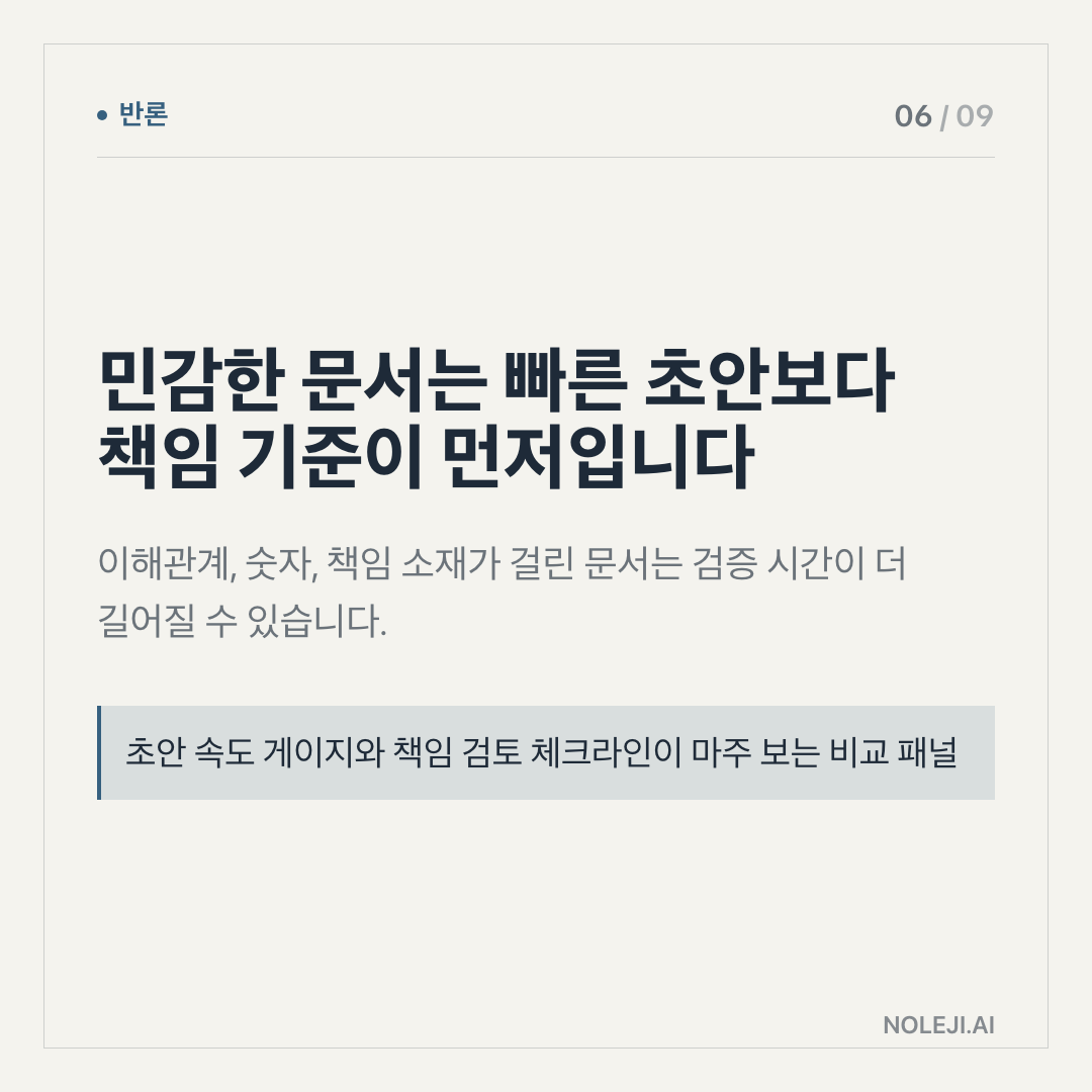 카드 6 (counterpoint): 민감한 문서는 빠른 초안보다 책임 기준이 먼저입니다 — 이해관계, 숫자, 책임 소재가 걸린 문서는 검증 시간이 더 길어질 수 있습니다.