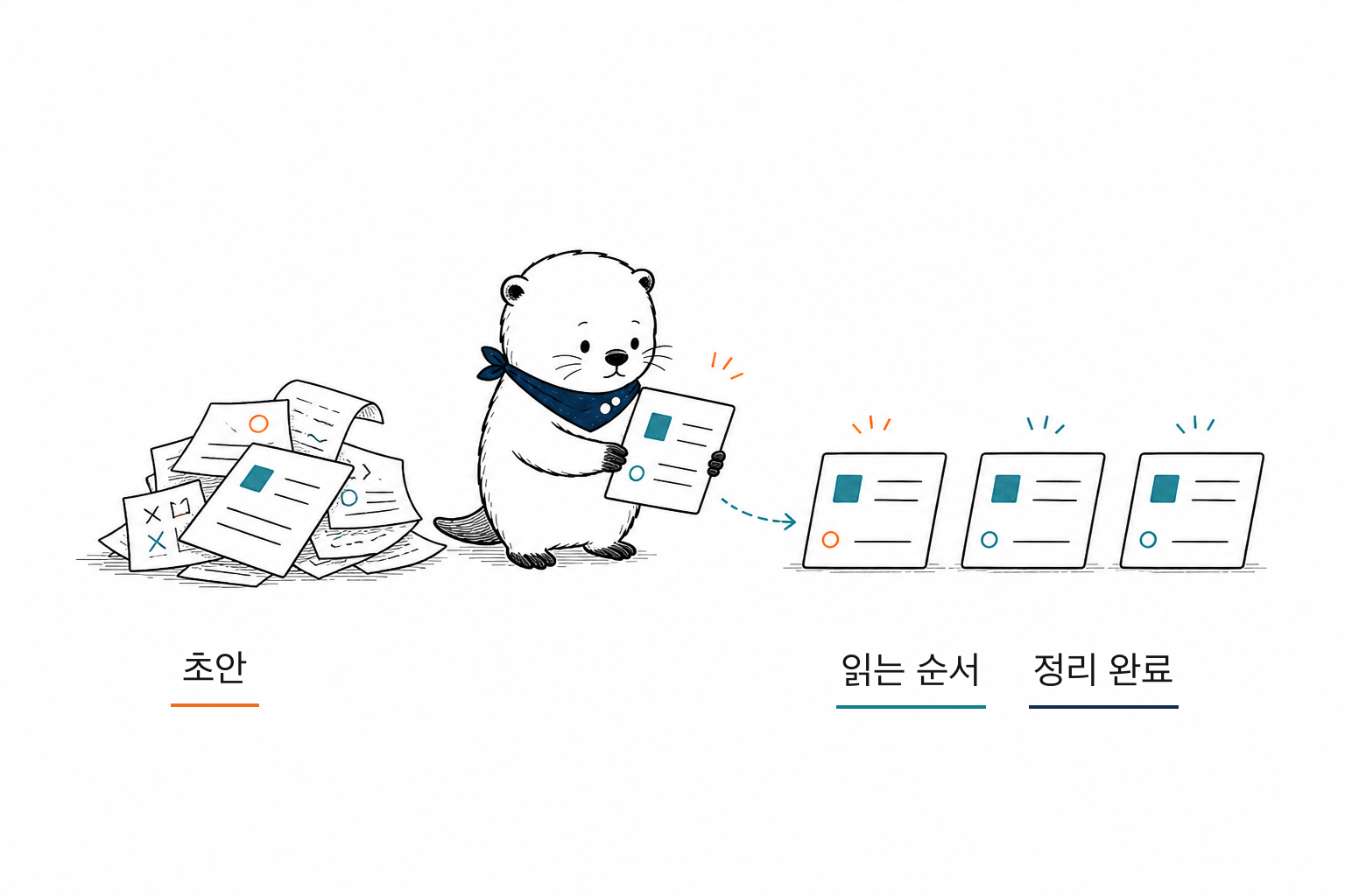뒤엉킨 초안 뭉치를 읽는 순서로 다시 펼치는 손그림 일러스트