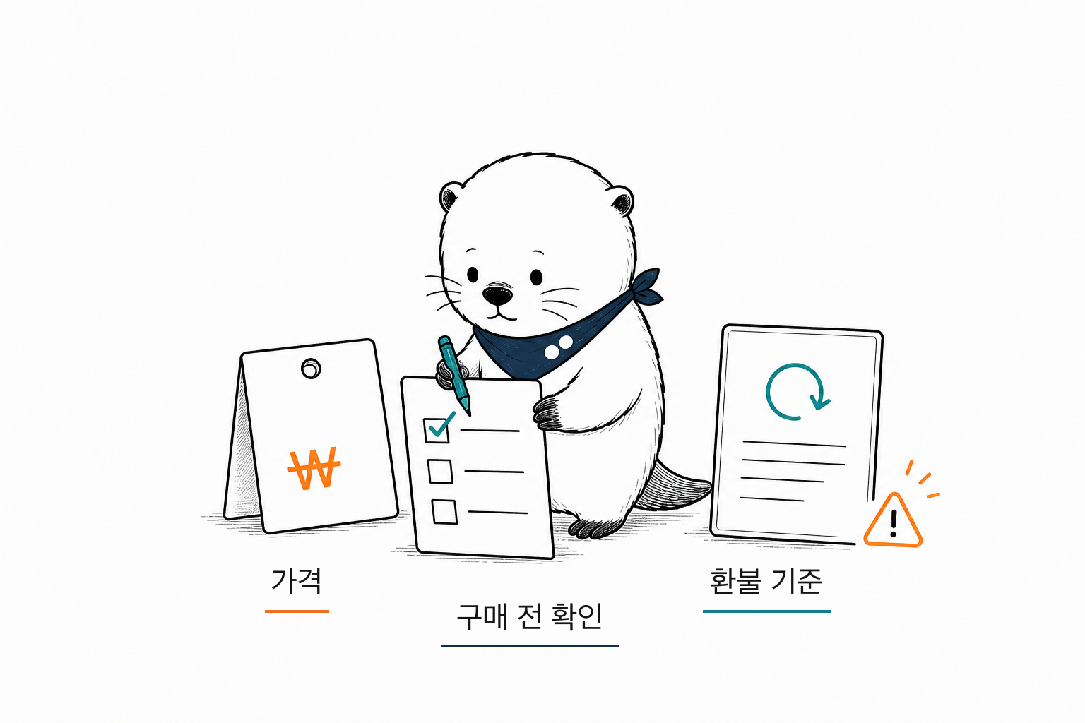 가격표 앞에서 확인 체크리스트에 체크하는 손그림 일러스트