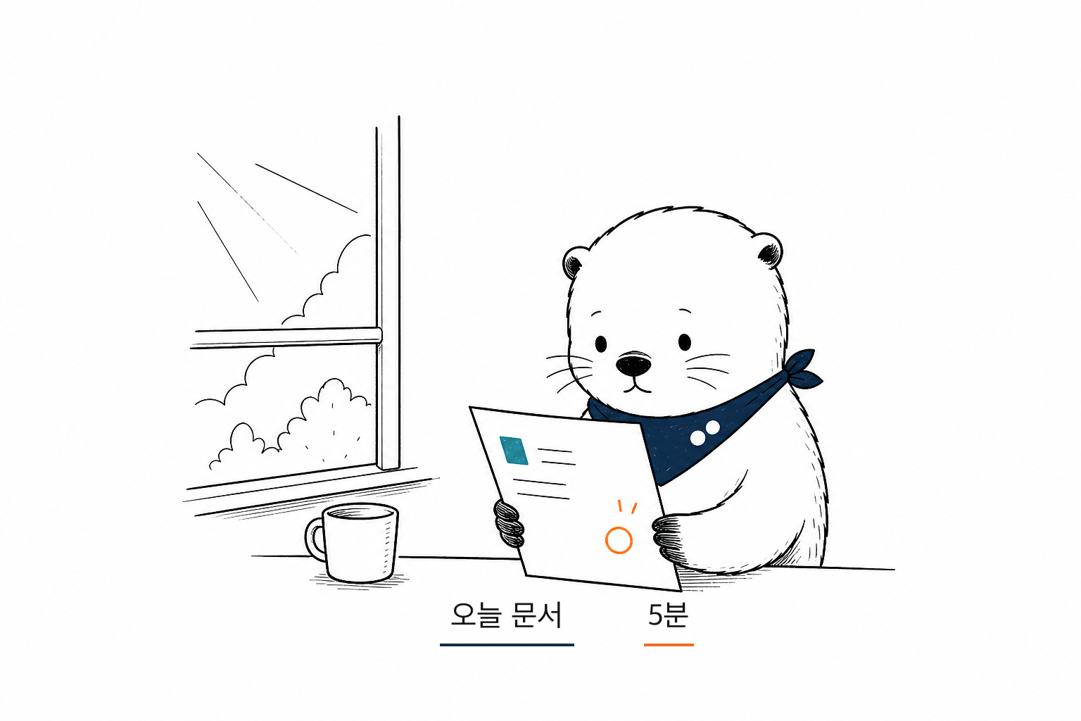 아침 창가 책상에서 문서 한 장을 읽는 손그림 일러스트