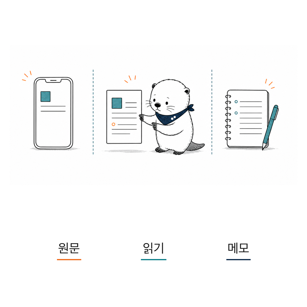 원문, 읽기 화면, 확인 메모 세 칸 분할 일러스트